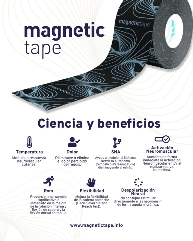 MAGNETIC TAPE  Tecnología. Ciencia. Resultados Inmediatos.  Descubre el poder de Magnetic Tape, el avance que está revolucionando la neuroterapia y el rendimiento físico. No es solo una venda, es ciencia aplicada al cuerpo humano.  🧠 MODULACIÓN NEUROVASCULAR CUTÁNEA
Gracias a su acción termoactiva, regula la temperatura local y optimiza la respuesta neurovascular, mejorando el rendimiento y el confort.  💥 ALIVIO DEL DOLOR INMEDIATO
Reduce o elimina la percepción del dolor en el raquis (columna vertebral) desde la primera aplicación. Resultados que se sienten.  🌀 EQUILIBRA TU SISTEMA NERVIOSO AUTÓNOMO
Magnetic Tape actúa sobre el SNA, ayudando a regular el equilibrio simpático-parasimpático. Menos estrés, más bienestar.  ⚡ ACTIVACIÓN NEUROMUSCULAR POTENCIADA
Aumenta de forma instantánea la activación muscular al realizar fuerza isométrica. Más potencia. Más control. Más resultados.  🔁 MEJORA TU RANGO DE MOVIMIENTO (ROM)
Incrementa de forma significativa e inmediata la rotación interna, flexión de cadera y dorsiflexión de tobillo. Movimiento libre, sin restricciones.  🏃‍♂️ FLEXIBILIDAD REAL, MEDIBLE
Aumenta la flexibilidad de la cadena posterior, demostrable con test como el Back-Saver Sit and Reach. Ideal para atletas y profesionales del movimiento.  🚫 SIN ESTIMULACIÓN NEURAL INVASIVA
No genera despolarización directa de las neuronas. Actúa de forma segura, sin efectos secundarios agudos ni crónicos.  —  🌐 Más información en:
👉 www.magnetictape.info